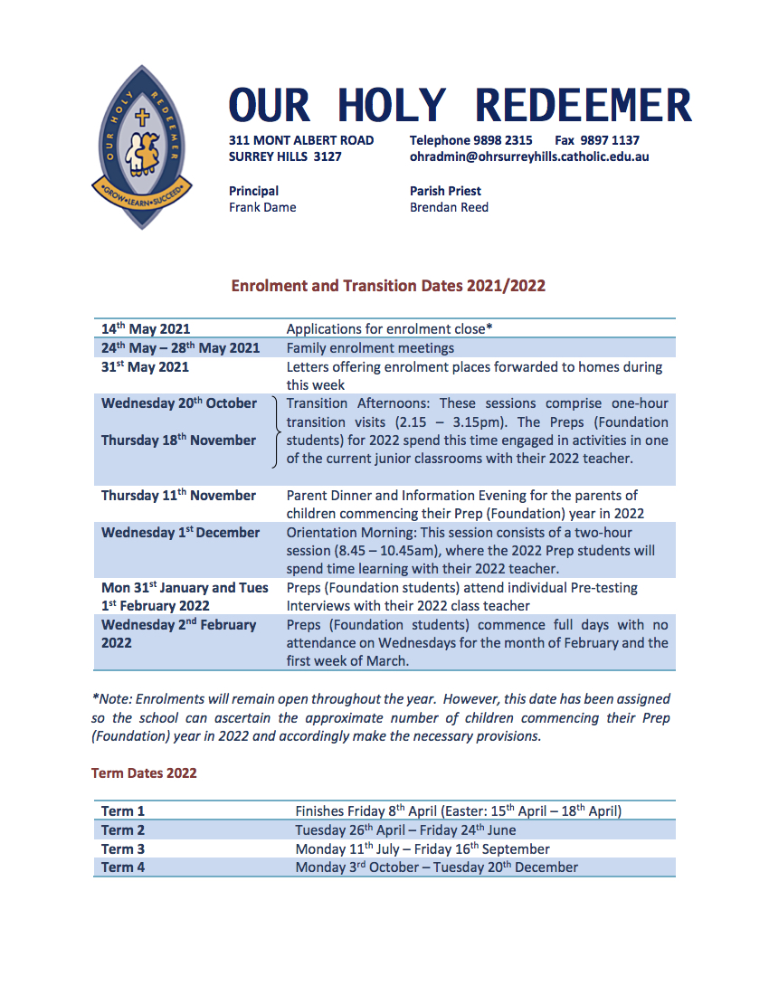 Enrolment & Transition Dates 2021 - 2022