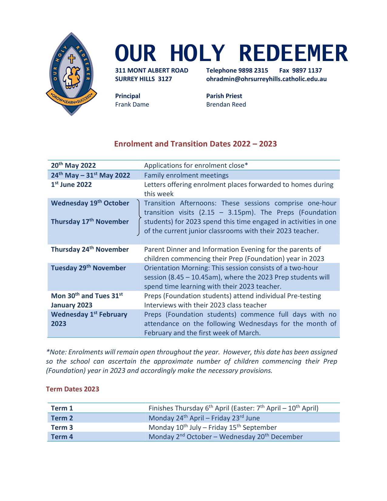 Enrolment & Transition Dates 2022 - 2023